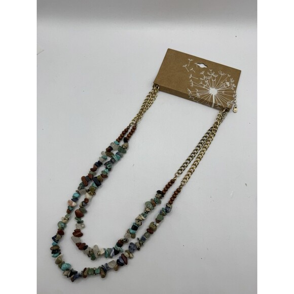 Boho Natural Stone Chip Necklace NEW Double Strand Gold Tone Turquoise Jadeite - Picture 10 of 10